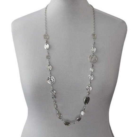 Chicos Wanda Long Necklace Silvetone Coin Inspired New - Picture 1 of 6